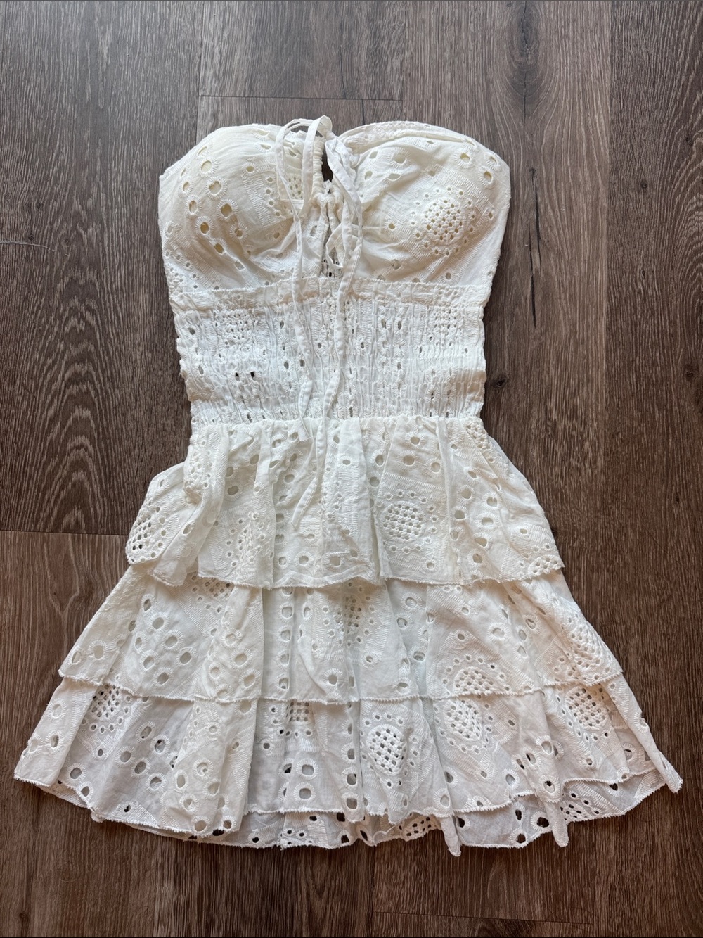 White Strapless Eyelet Tiered Mini Dress